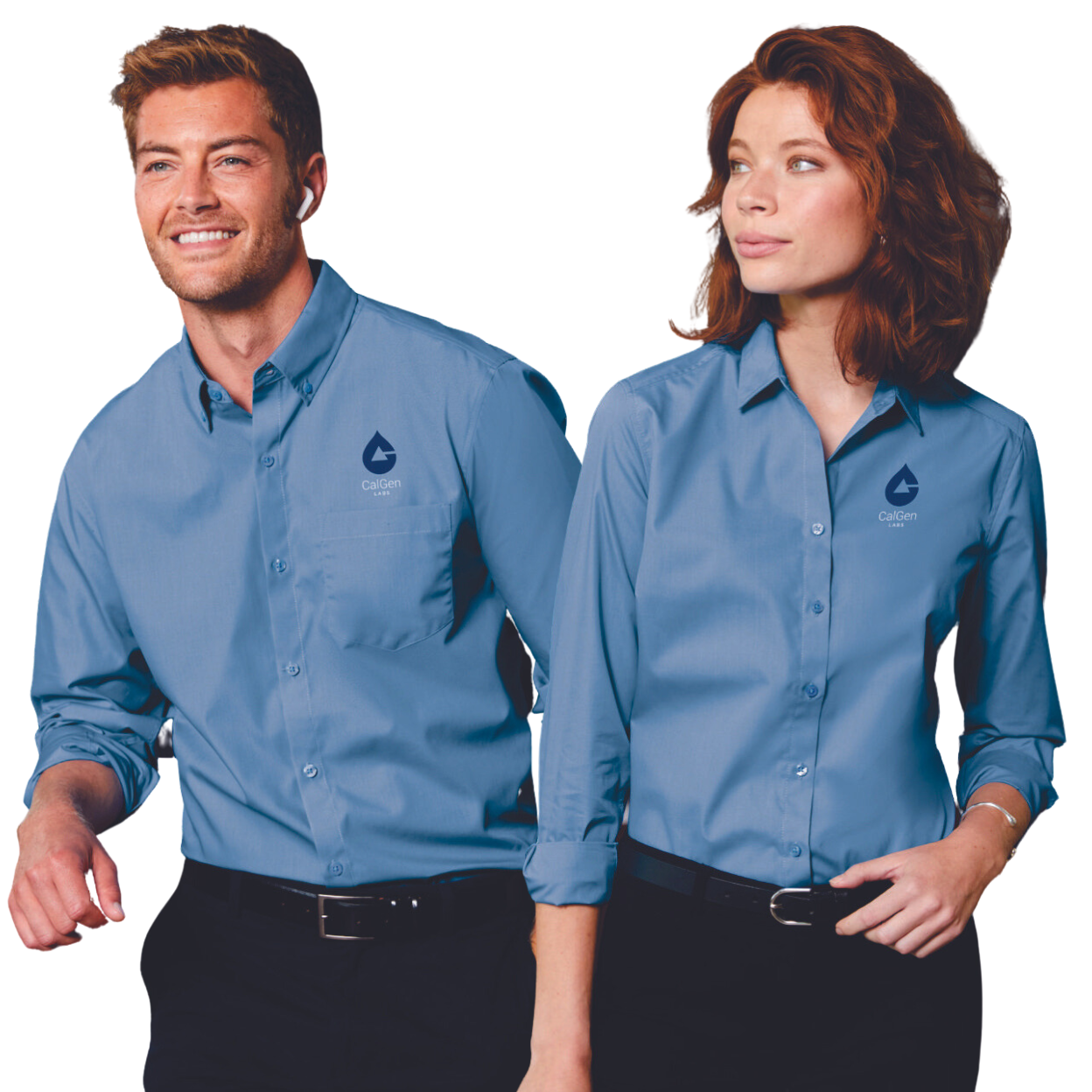 Male-and-female-in-button-up-blue-shirt-uniform