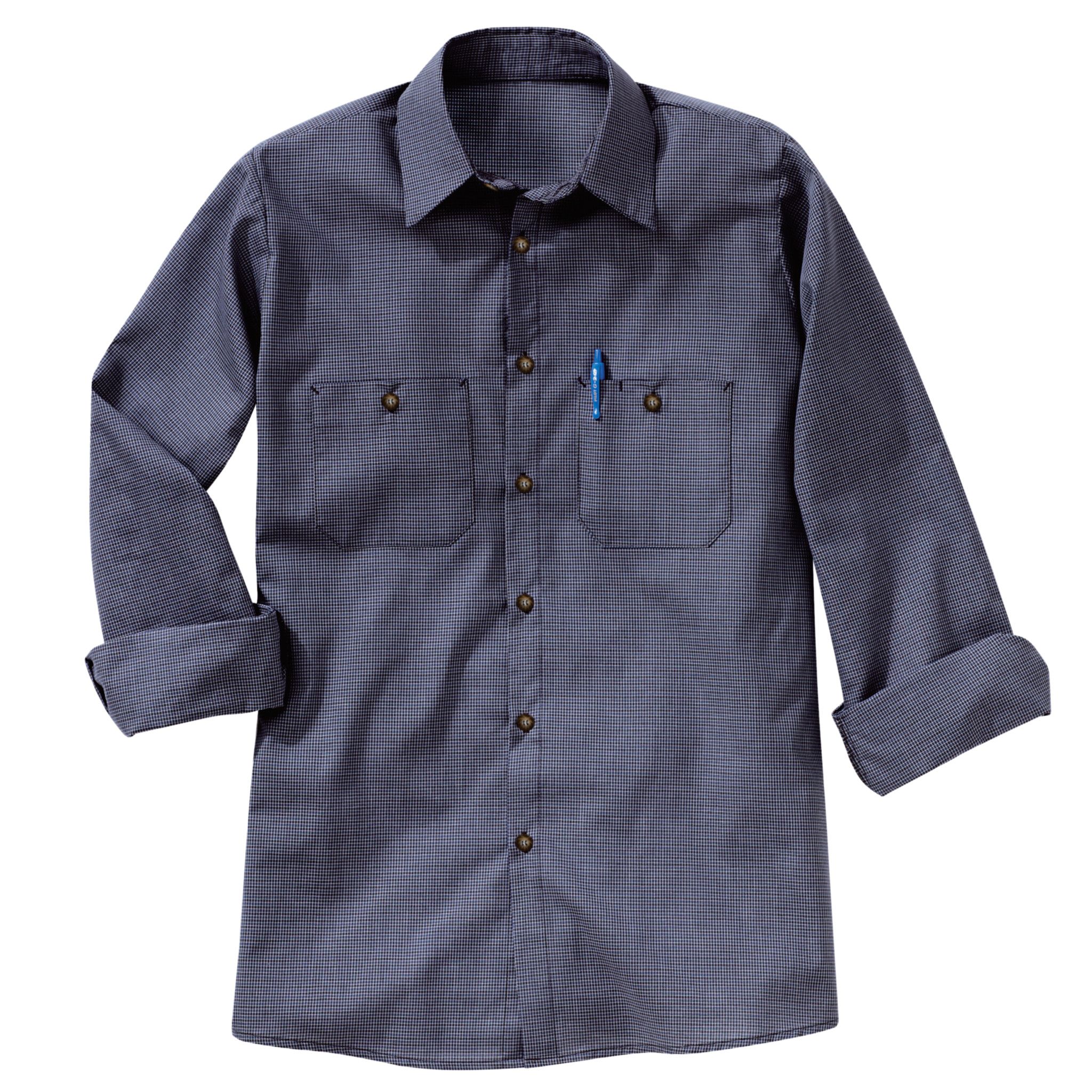 blue patterned shirt with a pen in the front pocket