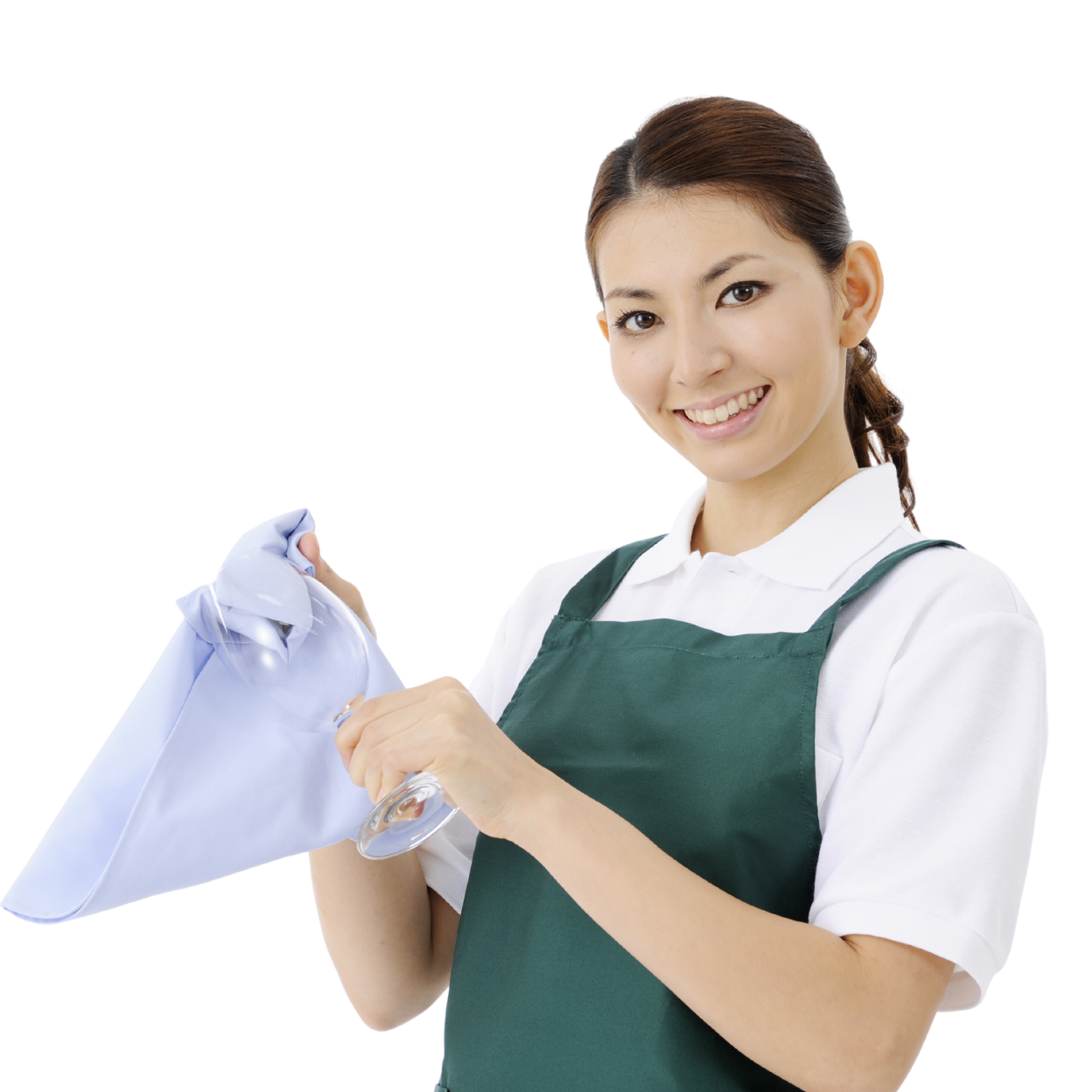 Smiling-young-woman-drying-wine-glass-