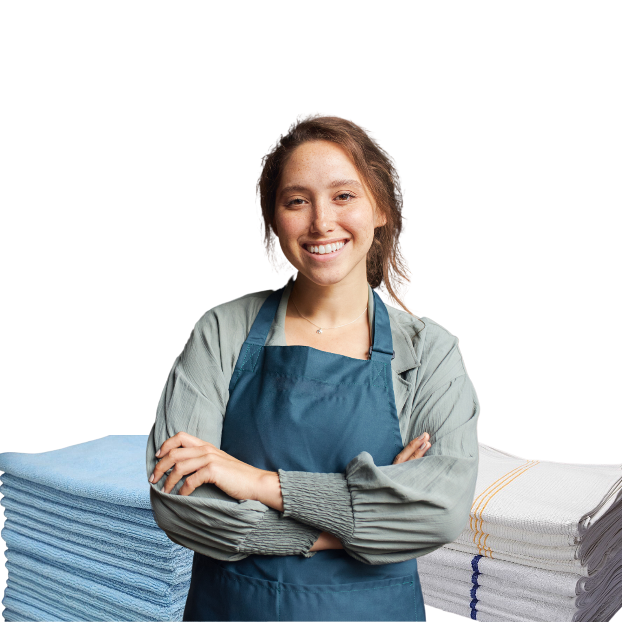 Woman-wearing-an-appron-with-kitchen-towel-and-microfiber-towel-in-background-2